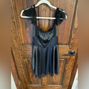Enymin black mini dress, NWT, large 8/10, cap sleeve satin feel and lace, corset